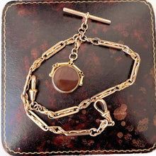 Lade das Bild in den Galerie-Viewer, Victorian 1886 9ct Gold Pocket Watch Chain &amp; Spinner Fob. All Original Double Albert/Albertina Fancy Link 12&quot; Watch Chain, 2 Dog Clips,T-Bar
