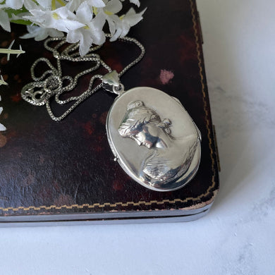 Vintage Sterling Silver Classical Greek Maiden Portrait Locket. Large Oval Repousse Locket Pendant & Chain. Art Nouveau Style Necklace