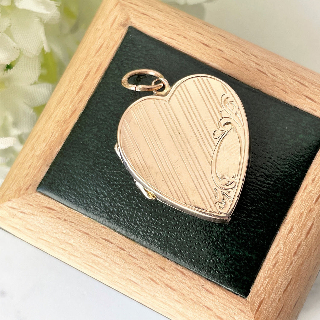 Antique Solid 9ct Rose Gold Heart Locket. Edwardian 2-Sided Guilloche Engraved Heart Locket Pendant. Antique Gold Love Token Jewelry.