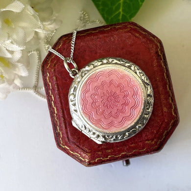 Vintage Art Deco English Silver Guilloche Enamel Locket. Ribbon Engraved Pink Enamel Flower Locket. 1940s Round Photo Locket & Chain.