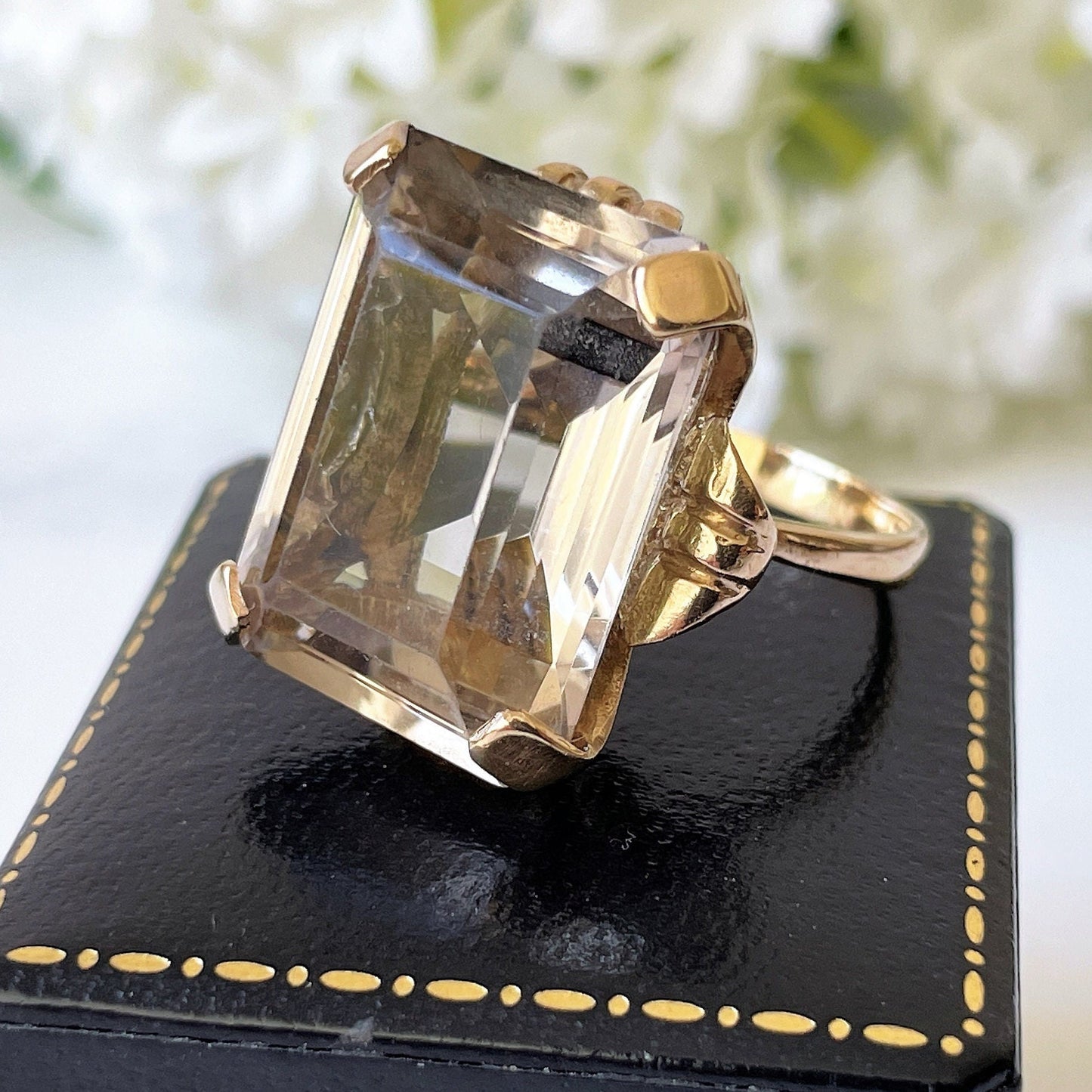 Vintage 9ct Gold Spinel Cocktail Ring. 28 Carat Emerald/Rectangle Step Cut Pale Yellow Spinel Ring. Yellow Gold Cocktail Ring, London 1966