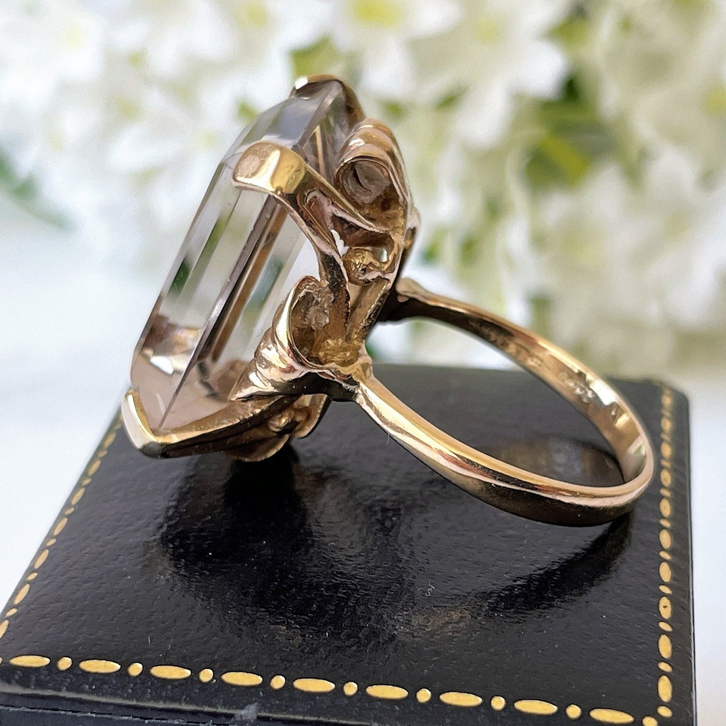 Vintage 9ct Gold Spinel Cocktail Ring. 28 Carat Emerald/Rectangle Step Cut Pale Yellow Spinel Ring. Yellow Gold Cocktail Ring, London 1966