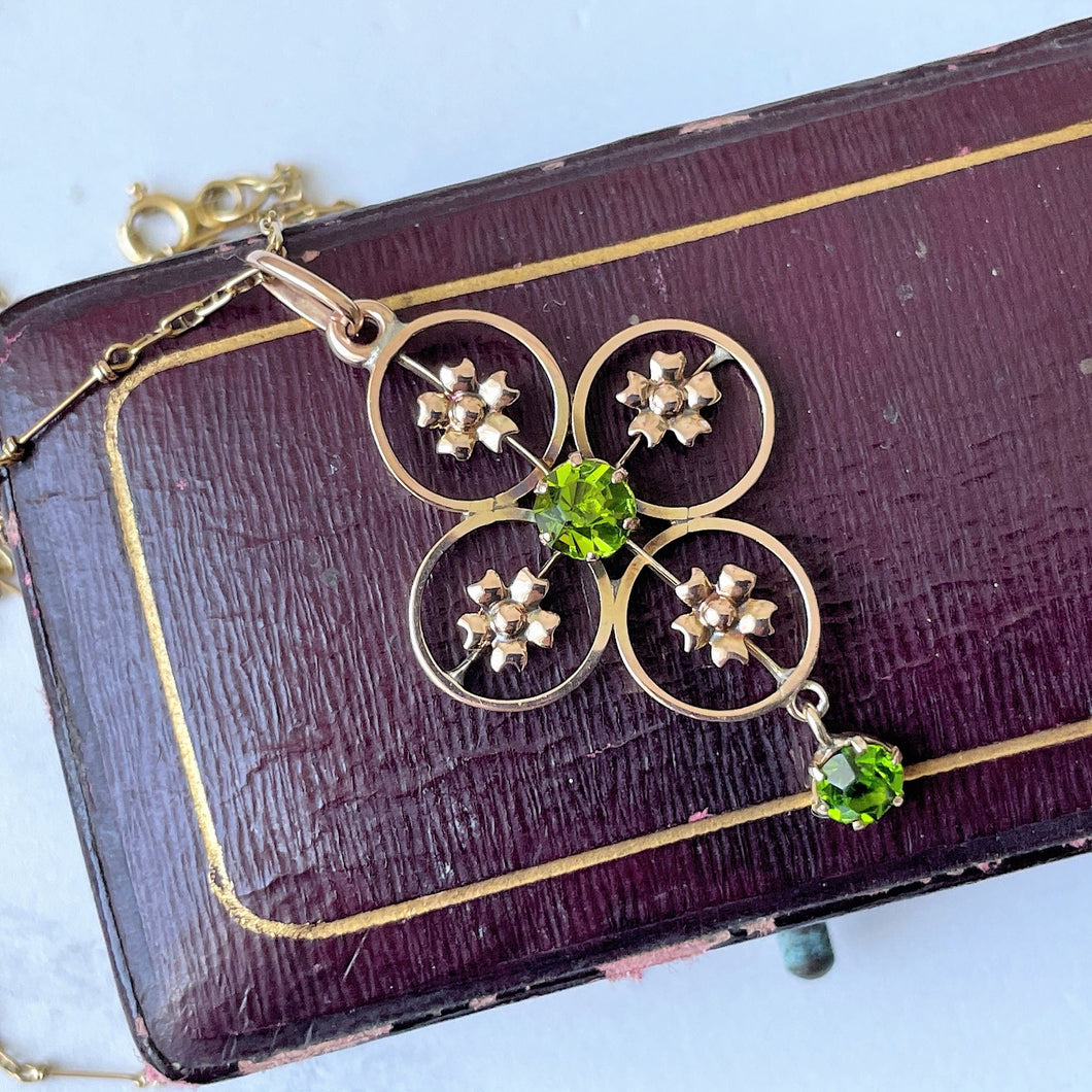 Antique Art Nouveau 9ct Gold Demantoid Garnet Pendant. Victorian/Edwardian Gold Quatrefoil Flower Pendant. Green Gemstone Drop Pendant.