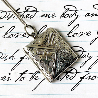 Vintage English Silver Stamp Case Pendant. Engraved Miniature Envelope Stamp Holder. Edwardian/Victorian Style Love Letter Keepsake Locket.