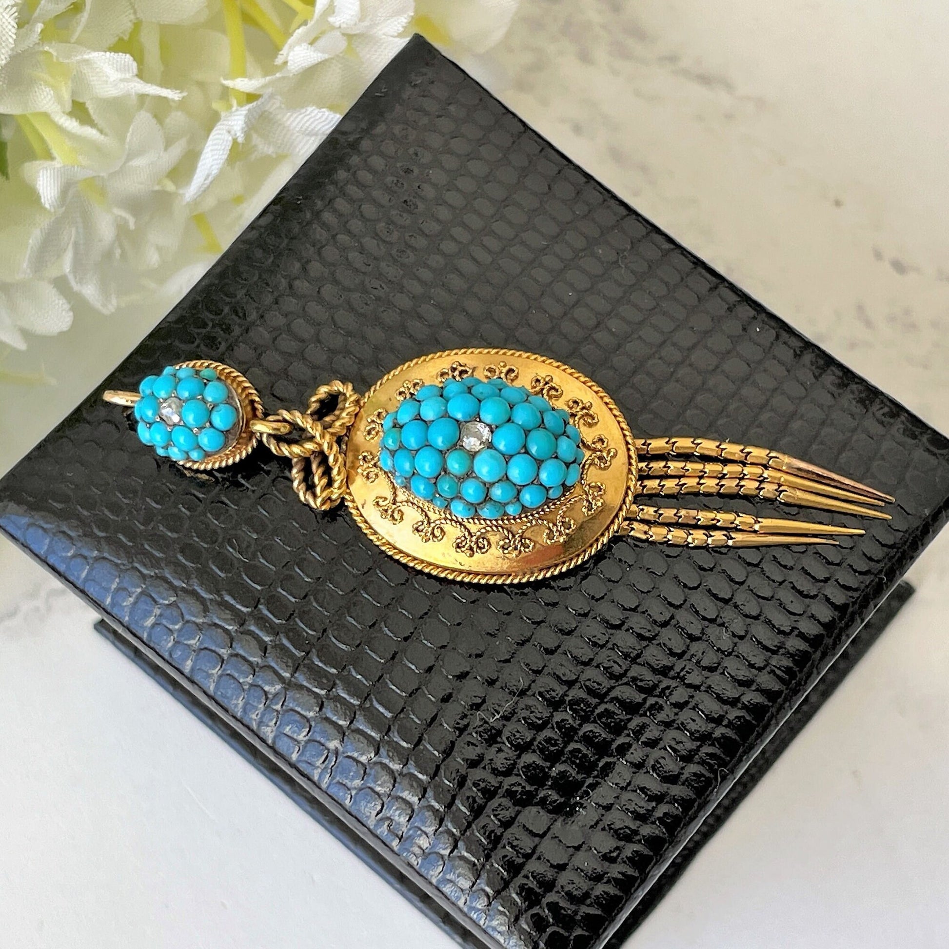 Etruscan Revival 18ct Gold Turquoise & Diamond Pendant. Antique Victorian Yellow Gold "Target" Drop Pendant. 18K Gold Cannetille Pendant