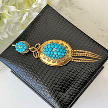 Load image into Gallery viewer, Etruscan Revival 18ct Gold Turquoise &amp; Diamond Pendant. Antique Victorian Yellow Gold &quot;Target&quot; Drop Pendant. 18K Gold Cannetille Pendant
