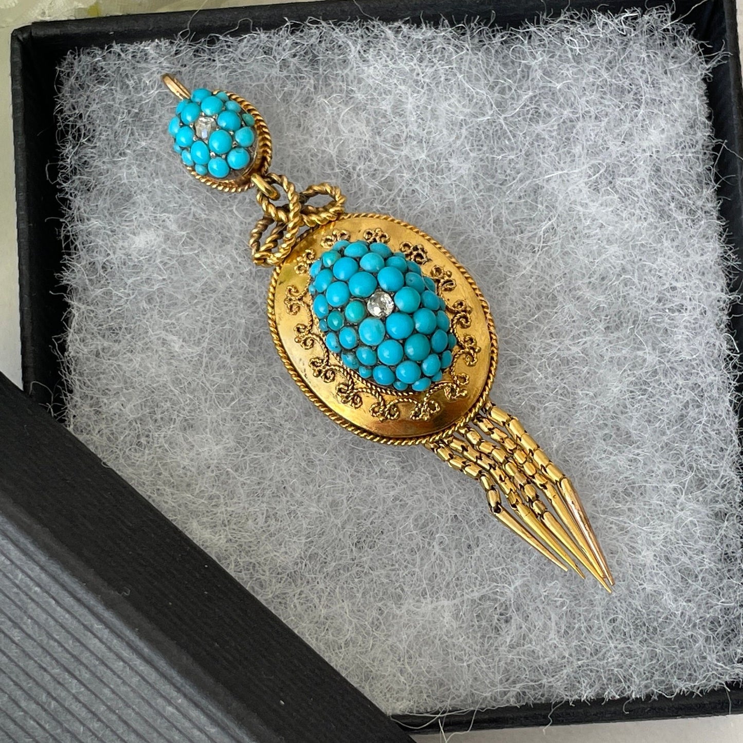 Etruscan Revival 18ct Gold Turquoise & Diamond Pendant. Antique Victorian Yellow Gold "Target" Drop Pendant. 18K Gold Cannetille Pendant