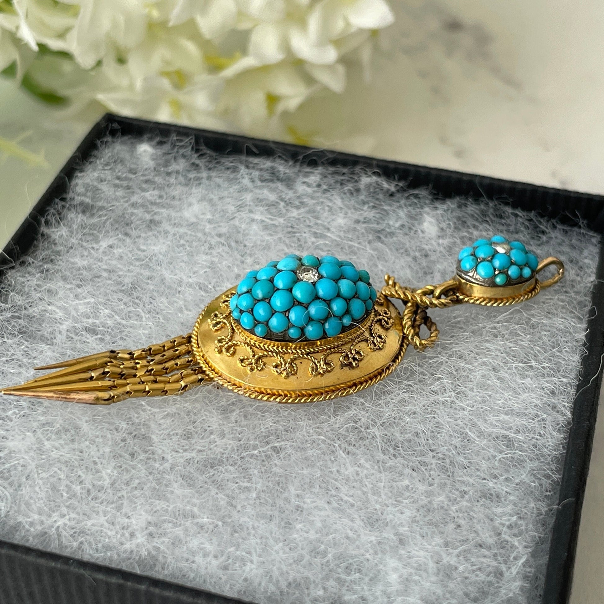 Etruscan Revival 18ct Gold Turquoise & Diamond Pendant. Antique Victorian Yellow Gold "Target" Drop Pendant. 18K Gold Cannetille Pendant