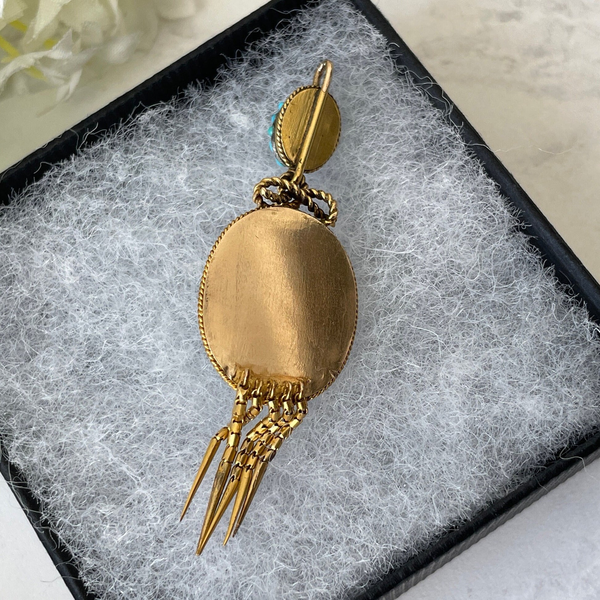 Etruscan Revival 18ct Gold Turquoise & Diamond Pendant. Antique Victorian Yellow Gold "Target" Drop Pendant. 18K Gold Cannetille Pendant