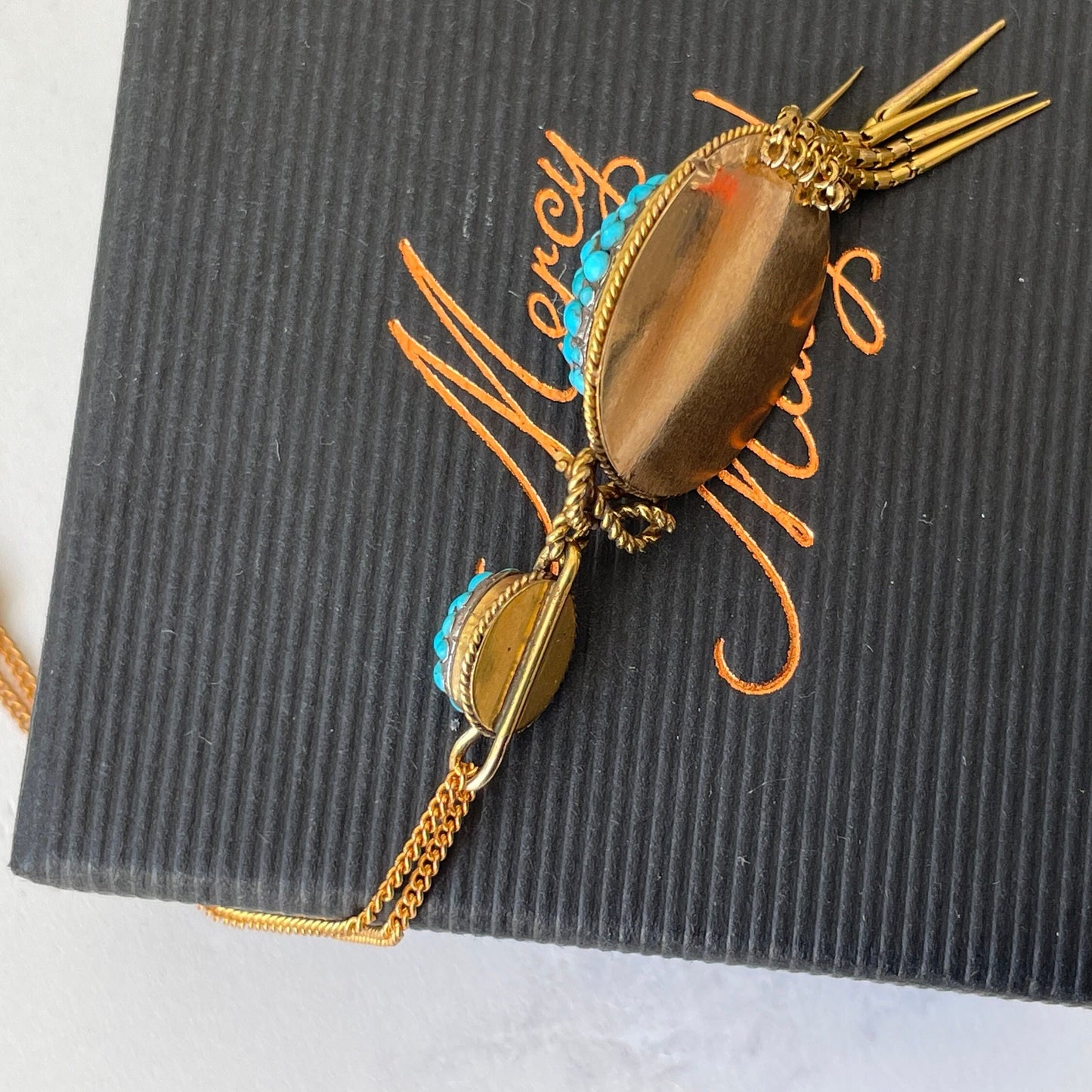Etruscan Revival 18ct Gold Turquoise & Diamond Pendant. Antique Victorian Yellow Gold "Target" Drop Pendant. 18K Gold Cannetille Pendant