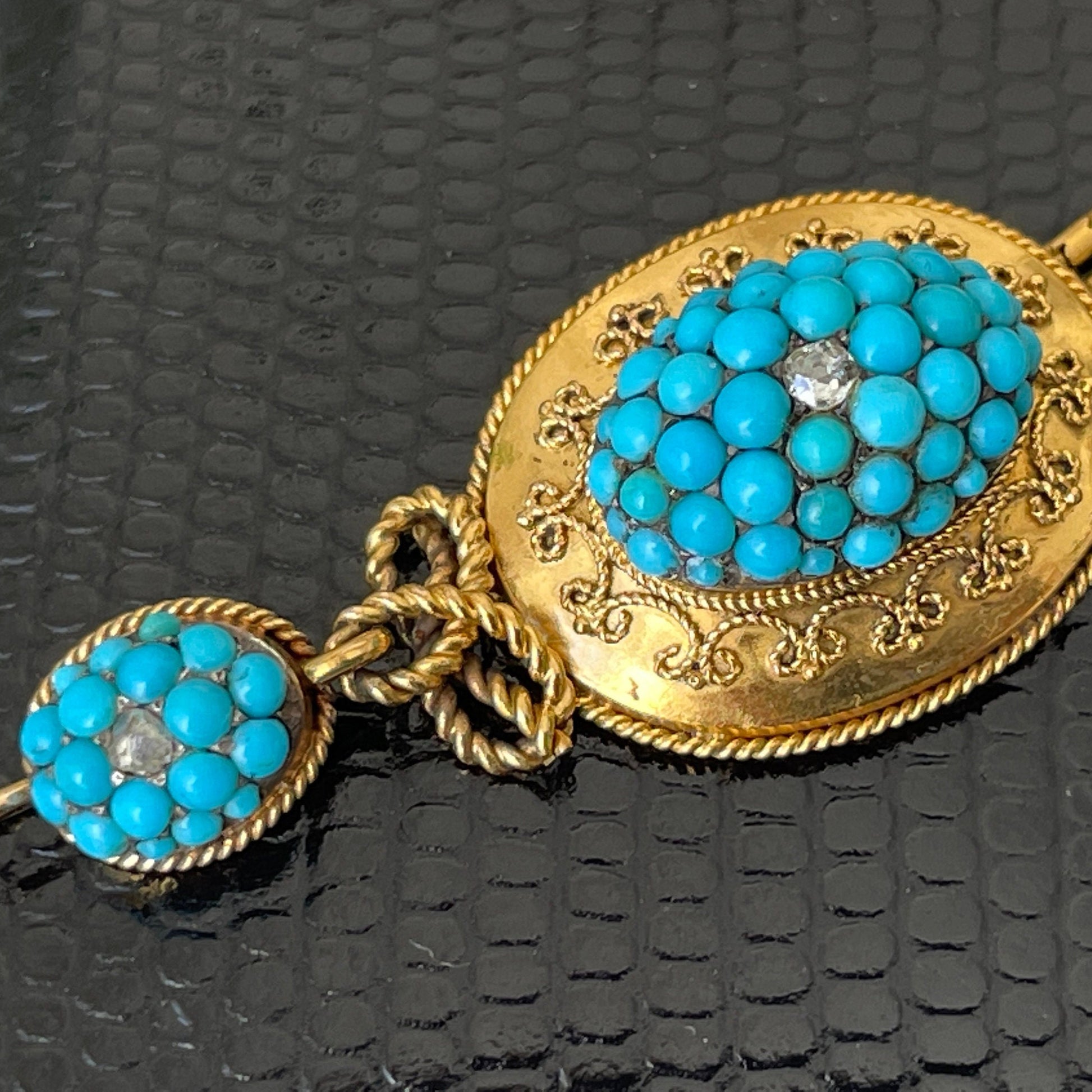 Etruscan Revival 18ct Gold Turquoise & Diamond Pendant. Antique Victorian Yellow Gold "Target" Drop Pendant. 18K Gold Cannetille Pendant