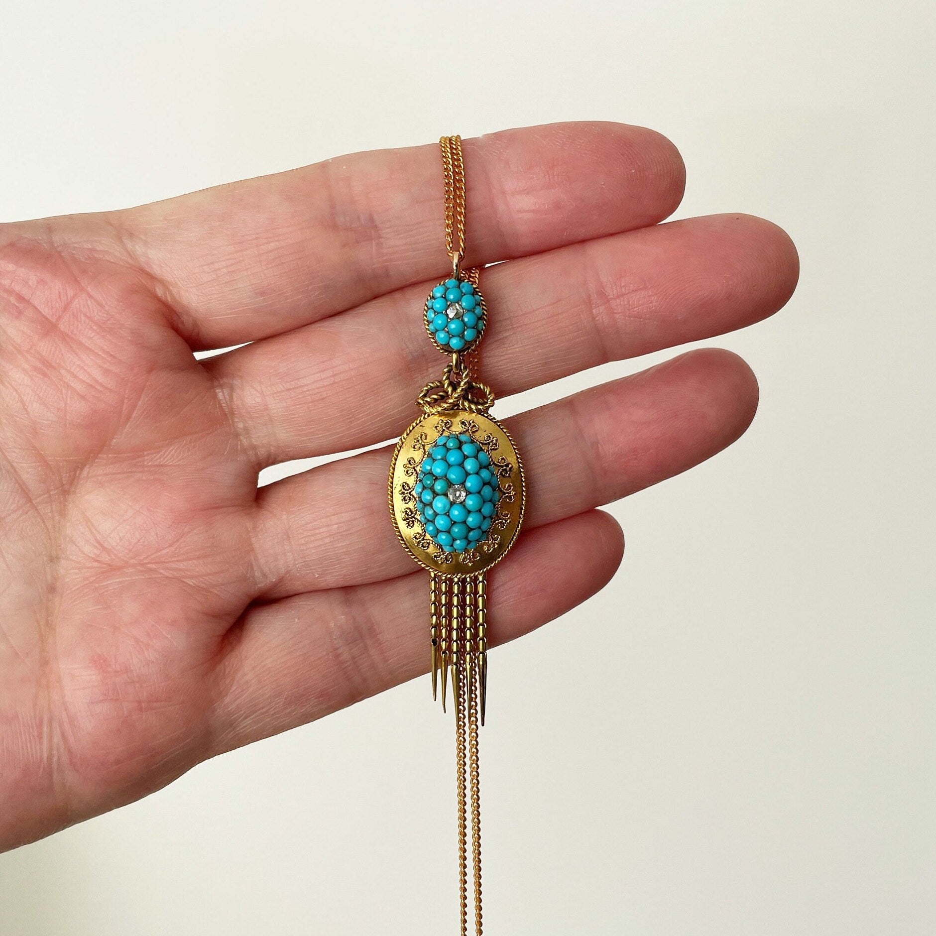 Etruscan Revival 18ct Gold Turquoise & Diamond Pendant. Antique Victorian Yellow Gold "Target" Drop Pendant. 18K Gold Cannetille Pendant