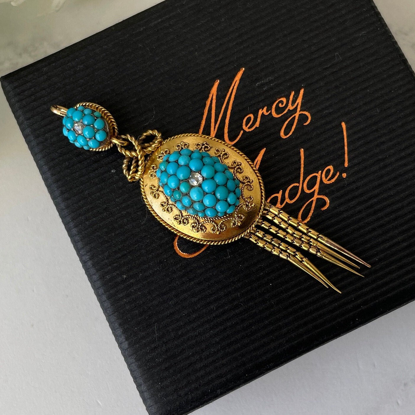 Etruscan Revival 18ct Gold Turquoise & Diamond Pendant. Antique Victorian Yellow Gold "Target" Drop Pendant. 18K Gold Cannetille Pendant