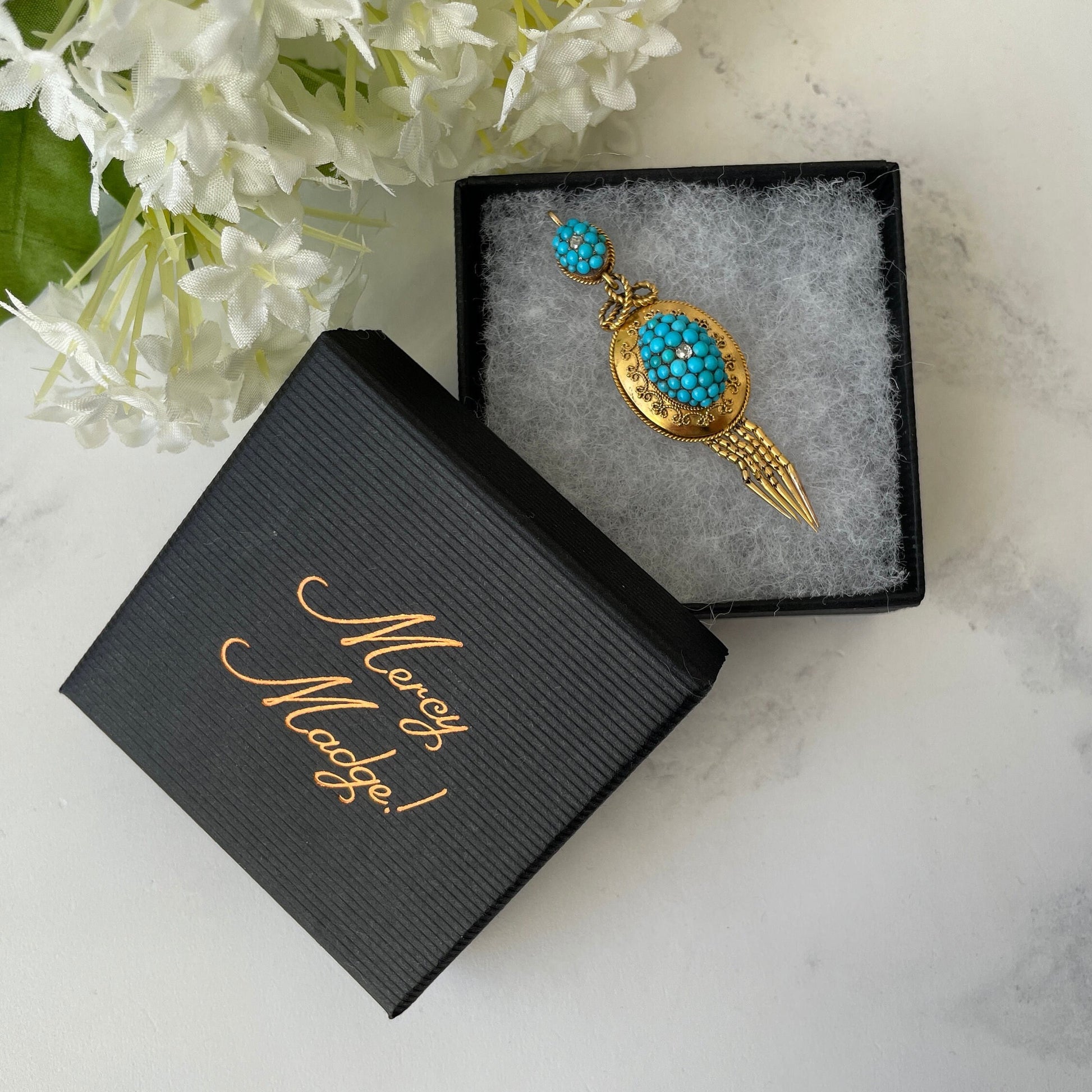 Etruscan Revival 18ct Gold Turquoise & Diamond Pendant. Antique Victorian Yellow Gold "Target" Drop Pendant. 18K Gold Cannetille Pendant