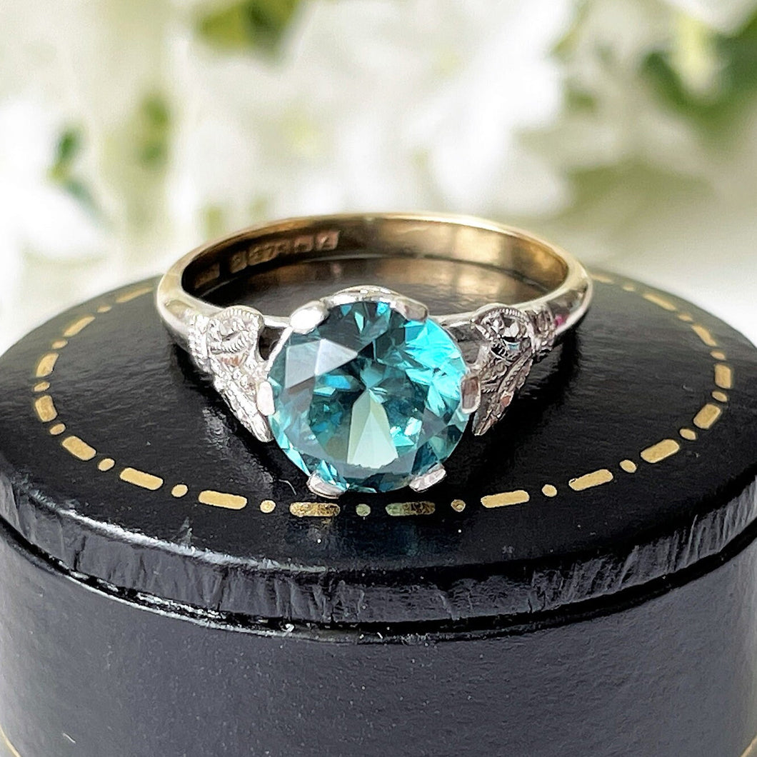 Vintage Blue Zircon Solitaire Ring, 9ct Gold. 1960s Retro 2-Carat Sky Blue Zircon Cocktail Ring. Art Deco Revivalist Engagement Ring.