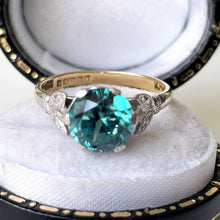 Load image into Gallery viewer, Vintage Blue Zircon Solitaire Ring, 9ct Gold. 1960s Retro 2-Carat Sky Blue Zircon Cocktail Ring. Art Deco Revivalist Engagement Ring.
