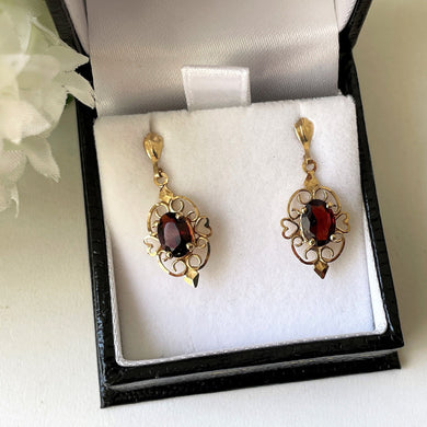 Vintage 14ct Gold Bohemian Garnet Dangle Earrings. Petite Antique Style Yellow Gold Heart Scroll Drop Earrings. Red Gemstone Post Earrings