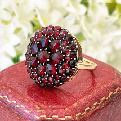 Victorian 9ct Gold Bohemian Garnet Cluster Ring. Antique Almandine Garnet Large Statement Ring. Red Gemstone Floral Cluster Circle Ring