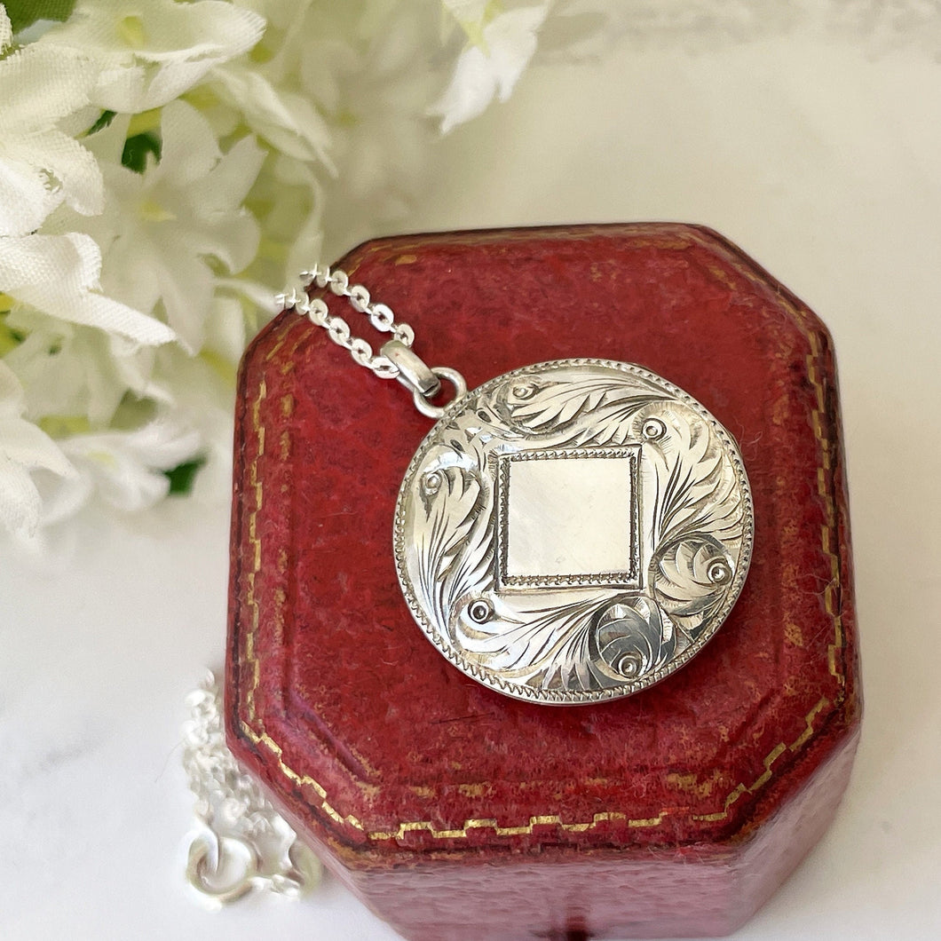 Vintage Sterling Silver Art Nouveau Style Locket On Chain. Edwardian Revival 2-Sided Acanthus & Crocus Flower Hand Engraved Locket Necklace