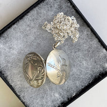 Load image into Gallery viewer, Vintage Sterling Silver Art Nouveau Style Locket On Chain. Edwardian Revival 2-Sided Acanthus &amp; Crocus Flower Hand Engraved Locket Necklace
