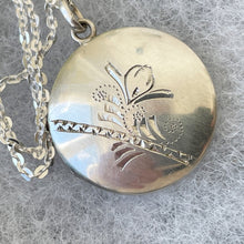 Load image into Gallery viewer, Vintage Sterling Silver Art Nouveau Style Locket On Chain. Edwardian Revival 2-Sided Acanthus &amp; Crocus Flower Hand Engraved Locket Necklace
