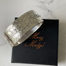 Load image into Gallery viewer, Victorian Sterling Silver Bracelet, Hallmarked 1896. Antique Aesthetic Engraved Floribunda &amp; Ivy Hinged Bangle. Victorian Cuff Bracelet
