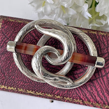 Load image into Gallery viewer, Victorian Scottish Silver Banded Agate Ouroboros Snake Brooch. Antique Lovers Knot/Eternity Celtic Brooch. Victorian Scottish Pebble Jewelry
