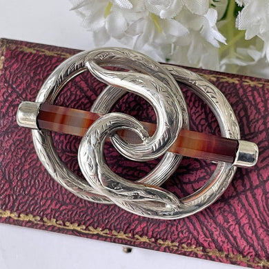 Victorian Scottish Silver Banded Agate Ouroboros Snake Brooch. Antique Lovers Knot/Eternity Celtic Brooch. Victorian Scottish Pebble Jewelry