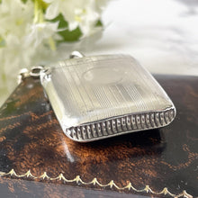 Carica l&#39;immagine nel visualizzatore di Gallery, Antique English Sterling Silver Vesta Case, circa 1913. Edwardian Novelty Hip Flask Vesta Keepsake Pendant. Machine Engraved Match Safe Fob.
