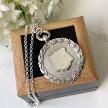 Cargar imagen en el visor de la galería, Vintage 1920s English Silver Laurel Wreath Fob Pendant Necklace. Art Deco Pocket Watch Fob Medallion &amp; Belcher Chain, Hallmarked 1926

