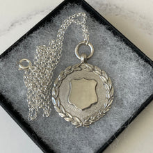 Load image into Gallery viewer, Vintage 1920s English Silver Laurel Wreath Fob Pendant Necklace. Art Deco Pocket Watch Fob Medallion &amp; Belcher Chain, Hallmarked 1926
