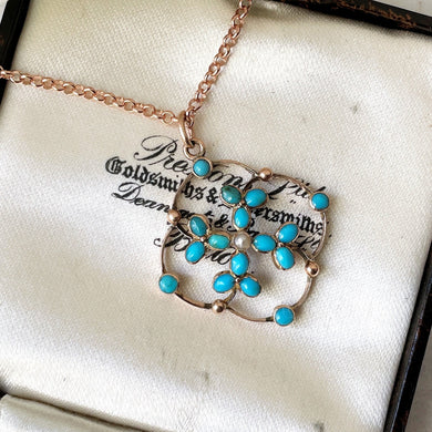 Victorian 9ct Gold, Turquoise and Pearl Gem Set Pendant. Antique Art Nouveau Rose Gold Quatrefoil Flower Pendant & Chain. .