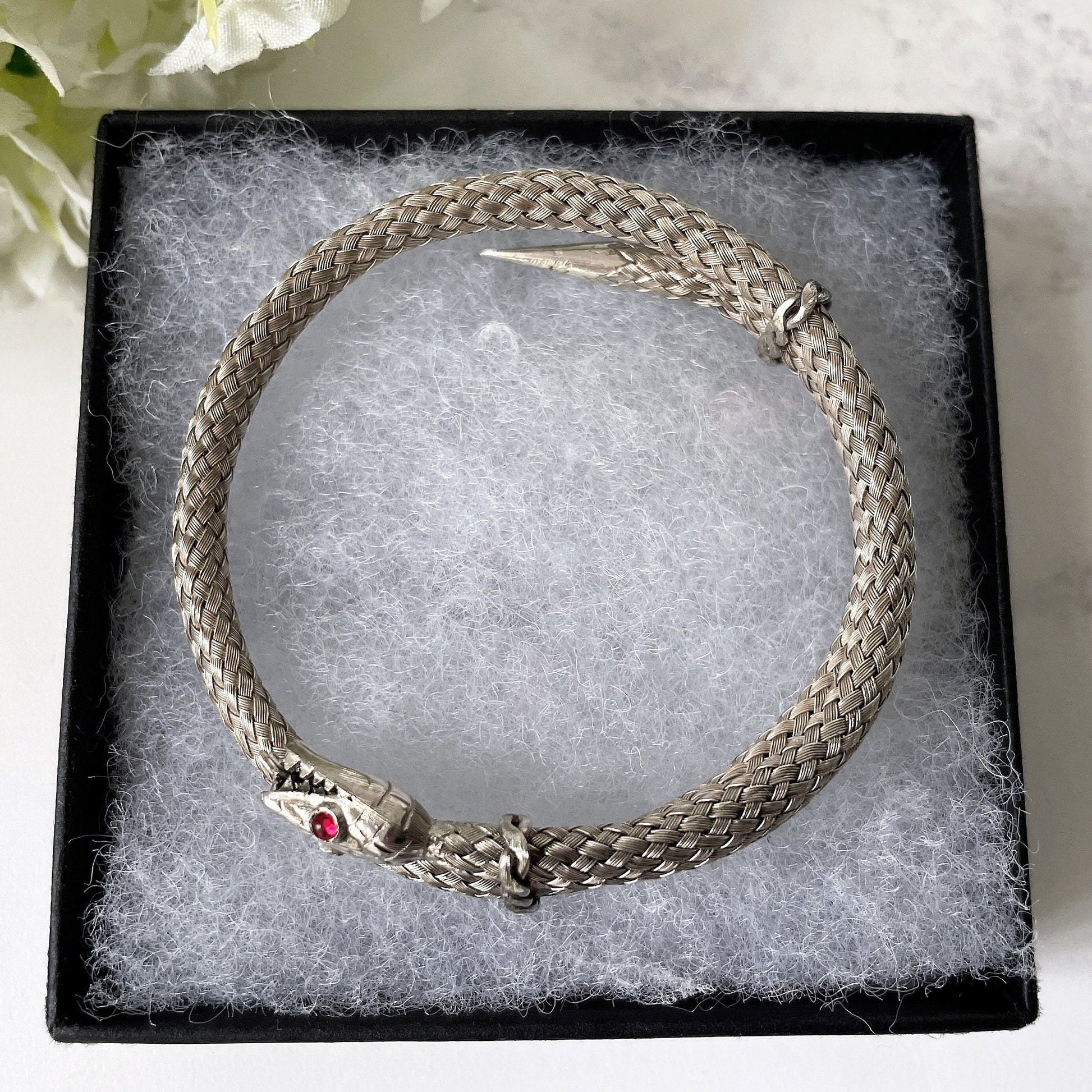 Georgian Ruby & Silver Coil Snake Bracelet. Antique Woven Sterling Silver Serpent Bracelet. Victorian Love Token Sentimental Jewelry c1830