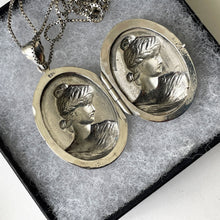 Load image into Gallery viewer, Vintage Sterling Silver Classical Greek Maiden Portrait Locket. Large Oval Repousse Locket Pendant &amp; Chain. Art Nouveau Style Necklace
