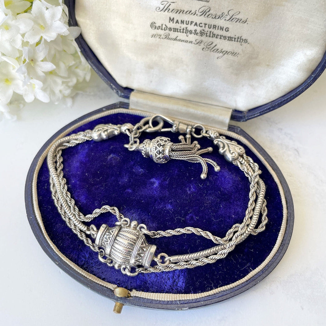Victorian Sterling Silver Albertina Watch Chain Bracelet. Antique Neoclassical Fancy Link Sterling Chain Bracelet, Tassel Charm & Dog-Clip
