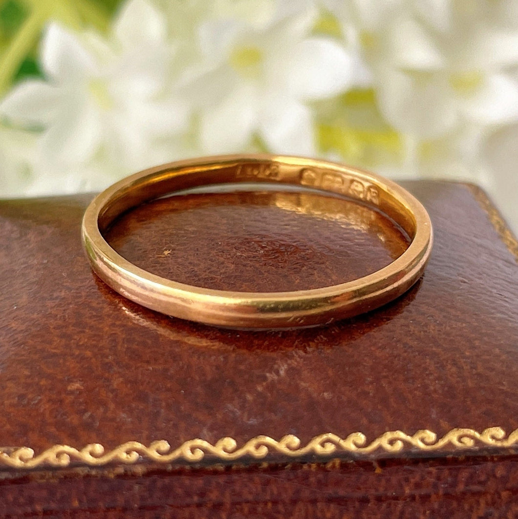 Art Deco 22ct Gold Wedding Ring. Antique English Yellow Gold Narrow Band Ring, Hallmarked AC Co., 1930. Unisex Stacking Ring Size S/9.25