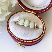 Cargar imagen en el visor de la galería, Vintage 9ct Gold 3-Stone Opal Ring. Edwardian Revival Trilogy Ring. Antique Style Past Present &amp; Future Ring Size M.5/6.5
