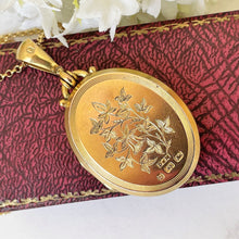 Load image into Gallery viewer, Antique Victorian 18ct Gold On Silver Book Chain Locket. 2-Sided Flower &amp; Monogram Engraved Wedding Locket. English Hallmarked 1878 Locket
