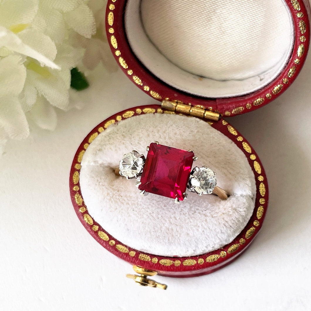 Vintage Art Deco 9ct Gold Ruby & White Sapphire Ring. Square/Princess Cut Pink Ruby 3-Stone Trilogy Engagement Ring, Size UK M/ US 6.75