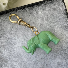 Load image into Gallery viewer, Victorian Green Celluloid Novelty Fob On Gold Tone Dog Clip. Antique Jumbo The Elephant Charm Pendant. Good Luck Amulet/Talisman
