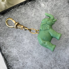 Load image into Gallery viewer, Victorian Green Celluloid Novelty Fob On Gold Tone Dog Clip. Antique Jumbo The Elephant Charm Pendant. Good Luck Amulet/Talisman
