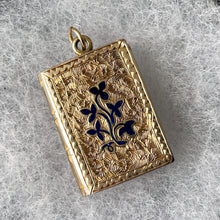 Load image into Gallery viewer, Victorian 9ct Gold Enamel Book Locket. Antique 2-Sided Engraved Forget-Me-Not &amp; Ivy Photo Locket With Keepsake Compartment. Gold Love Token
