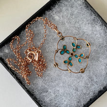 画像をギャラリービューアに読み込む, Victorian 9ct Gold, Turquoise and Pearl Gem Set Pendant. Antique Art Nouveau Rose Gold Quatrefoil Flower Pendant &amp; Chain. .
