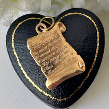 Load image into Gallery viewer, Vintage 9ct Gold Serenity Prayer Pendant. Yellow Gold Figural Engraved Spiritual Manuscript/Scroll Bracelet Charm/Pendant &amp; Optional Chain
