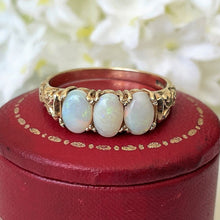 Load image into Gallery viewer, Vintage 9ct Gold 3-Stone Opal Ring. Edwardian Revival Trilogy Ring. Antique Style Past Present &amp; Future Ring Size M.5/6.5

