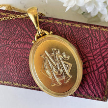 画像をギャラリービューアに読み込む, Antique Victorian 18ct Gold On Silver Book Chain Locket. 2-Sided Flower &amp; Monogram Engraved Wedding Locket. English Hallmarked 1878 Locket
