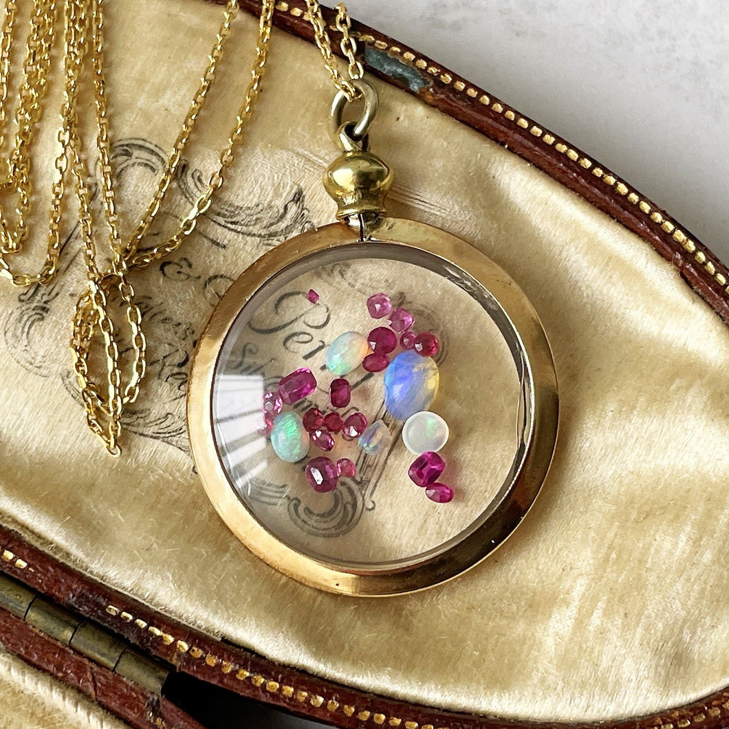 Antique 9ct Gold Glass Shaker Locket Pendant Filled with Opals & Rubies. Victorian Rolled Gold/Gold Filled Picture Pendant On Chain.