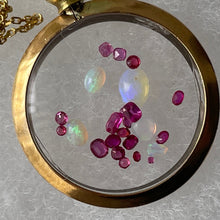 Load image into Gallery viewer, Antique 9ct Gold Glass Shaker Locket Pendant Filled with Opals &amp; Rubies. Victorian Rolled Gold/Gold Filled Picture Pendant On Chain.
