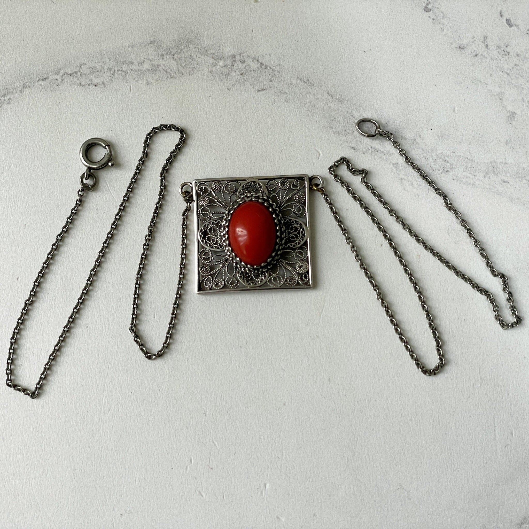 Vintage Silver on sale Necklace With Red Coral Pendant