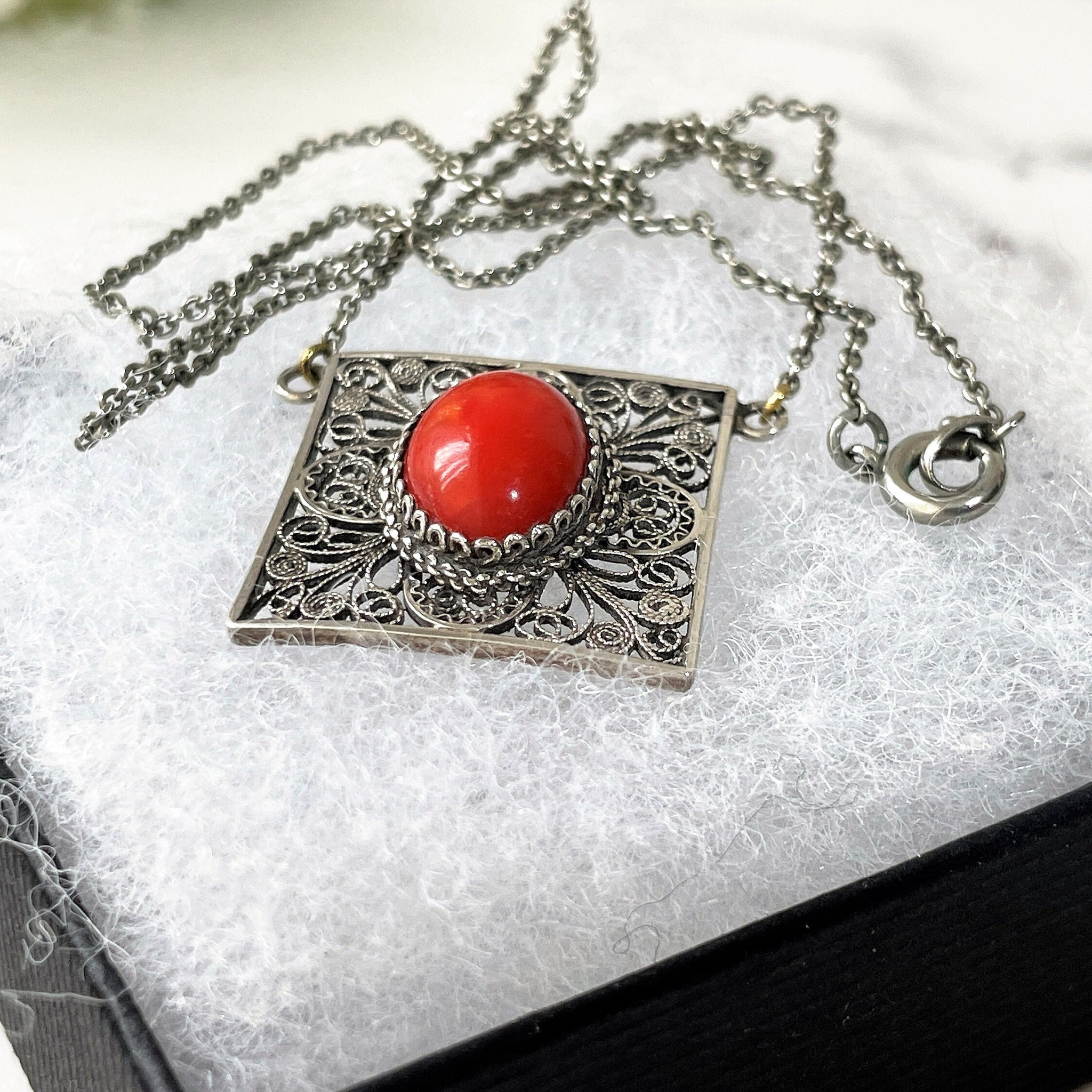 GO WEST Vintage Sterling Silver Coral Enamel Pendant Necklace/Native American Jewelry/Ant outlet Filigree Panel/Genuine Art Deco Carnelian/Up Cycle